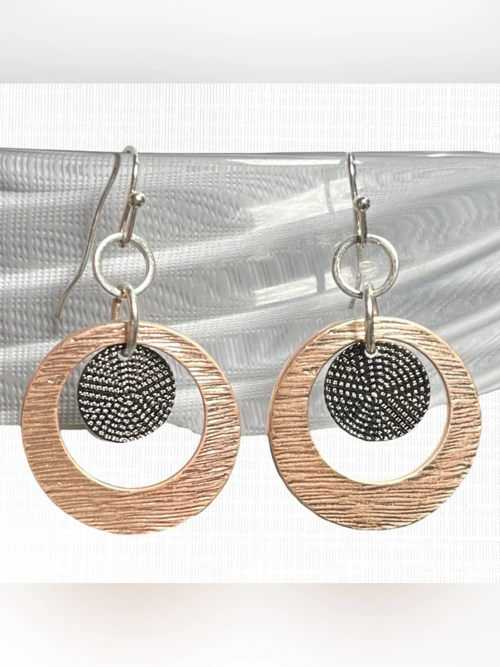 Textured Metal Dangle Hoop Earrings Circle Drop Geometric Round Silver Tone Hook